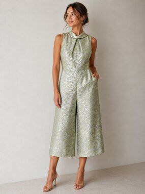 Vintage Missy House of Canada Silver Lurex Green Textured Cocktail Jumpsuit M